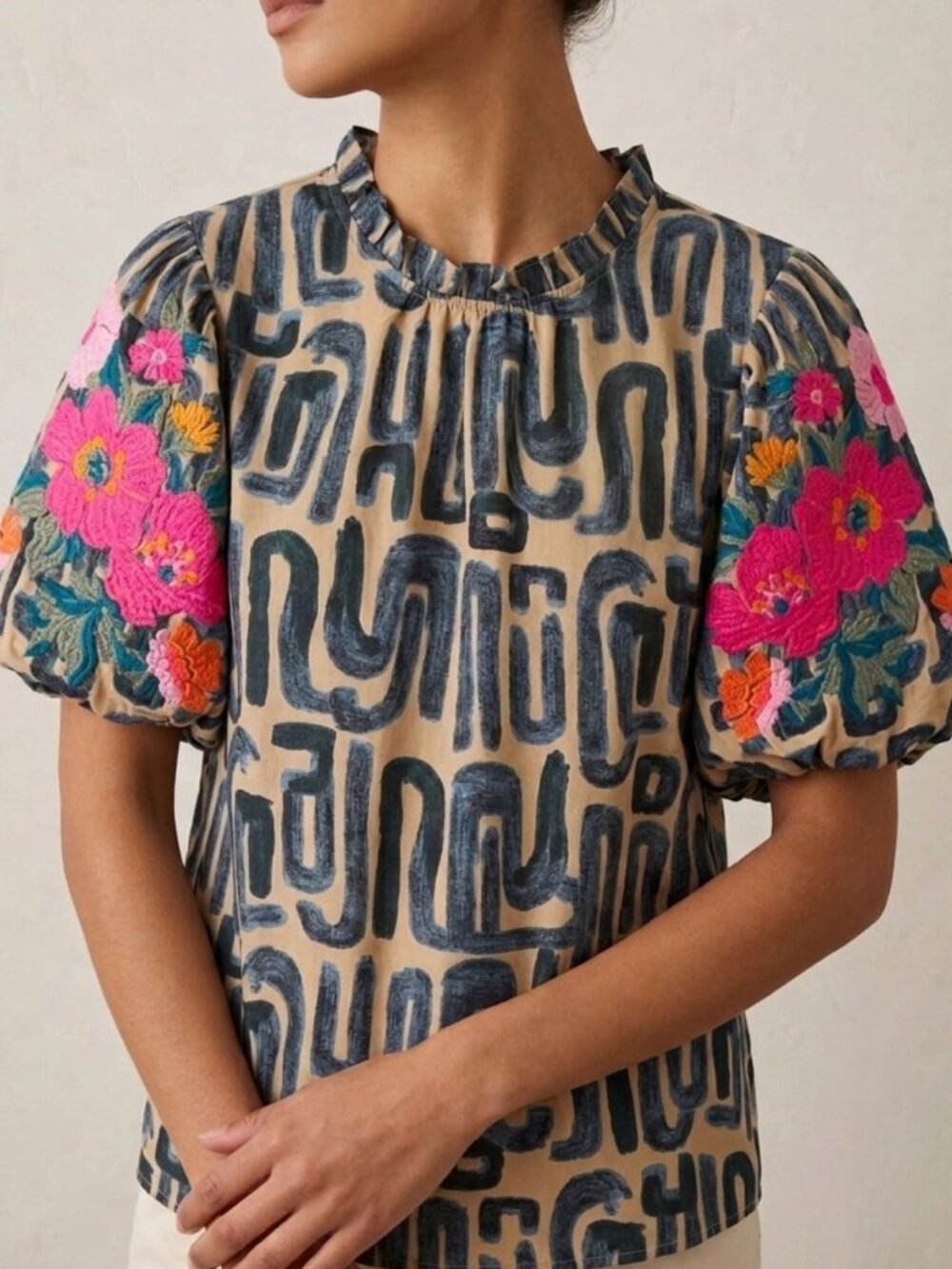 THML Beige Top with Navy Graphic Print and Pink Floral Sleeve Embroidery - Picture 5 of 5